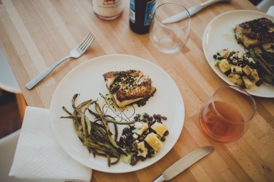 Summer Meal Plan: Pan Fried Halibut with Roasted Green Beans + Sweet Potato + Black Bean Salad via Simply Real Health